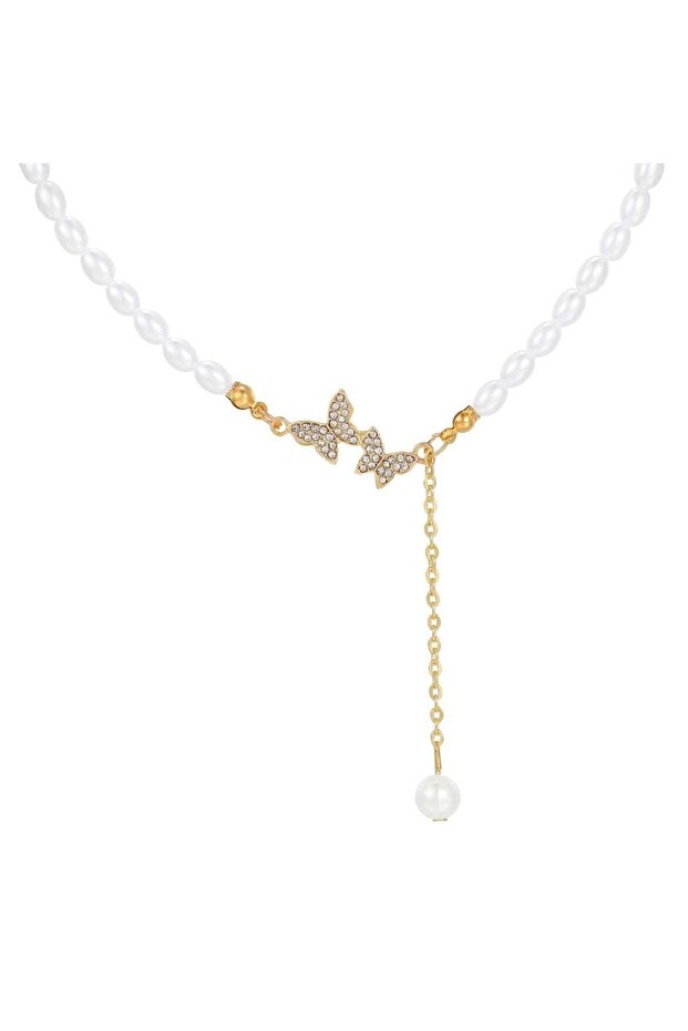 Pearl Chain Necklace with Crystal Butterfly & Drop Charm Gold Color Tone