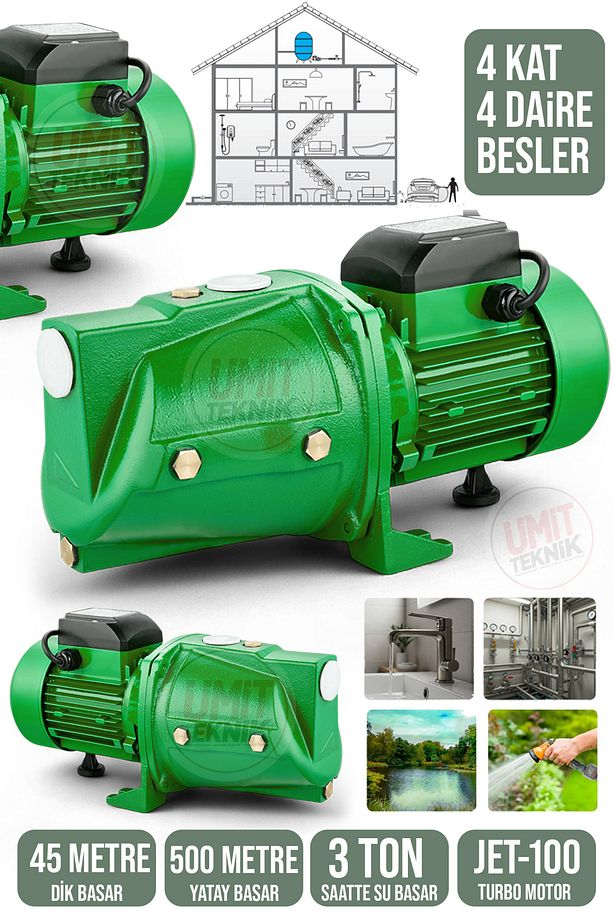 Jet100Yüksek Basınçlı Kendinden Emişli JetMotor 8Mt Emiş| 500 Mt Yatay |45 Mt Dik | jet hidrofor 1HP - 2