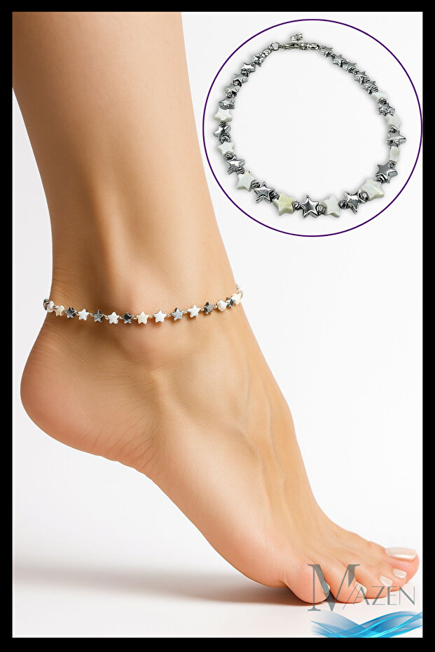 Star Figured Women's Anklet | Bright Metal and Pearl White Shades | Adjustable Summer Design