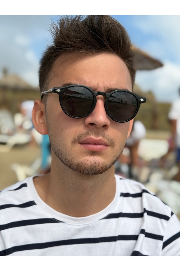 Black Framed Black Glass Brand Model Round Polarized Unisex Sunglasses
