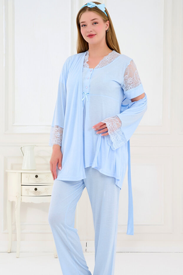 3-Piece Maternity Pajama Set with Lace and Morning Dress