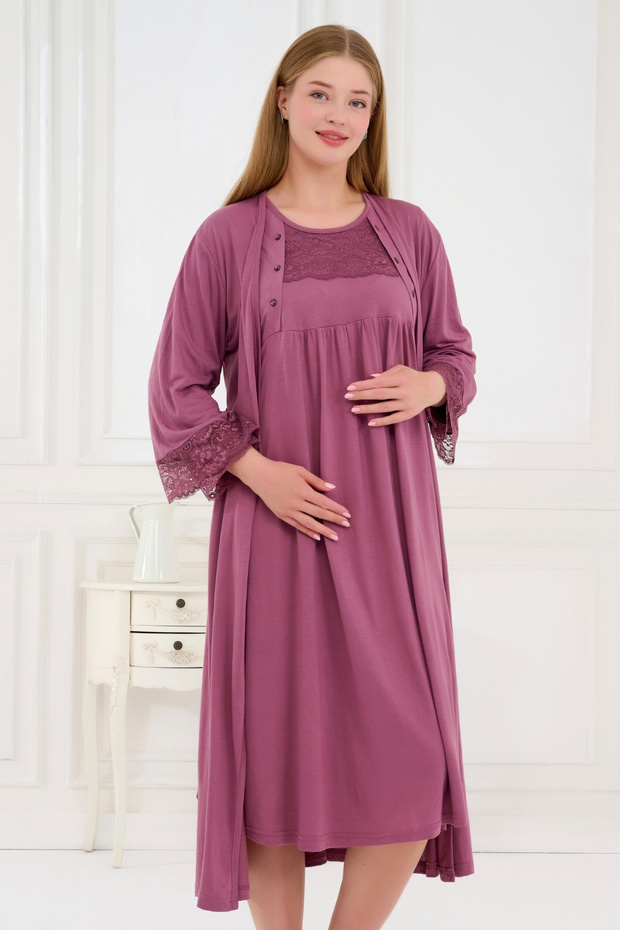 2-Piece Maternity Nightgown Set with Lace and Morning Dress