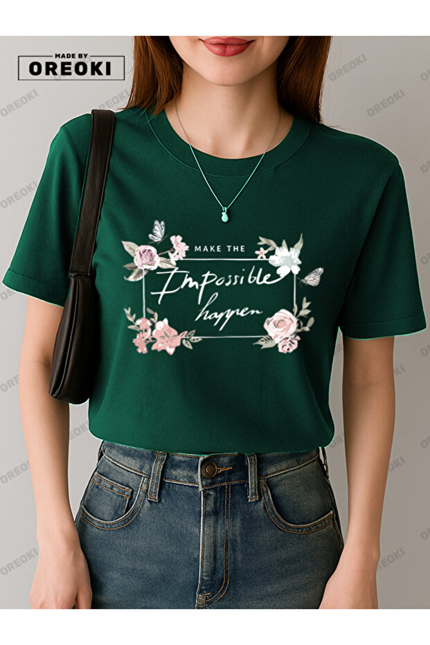 The Impossible Comes True Printed Cotton Fabric Girl Forest Green T-Shirt