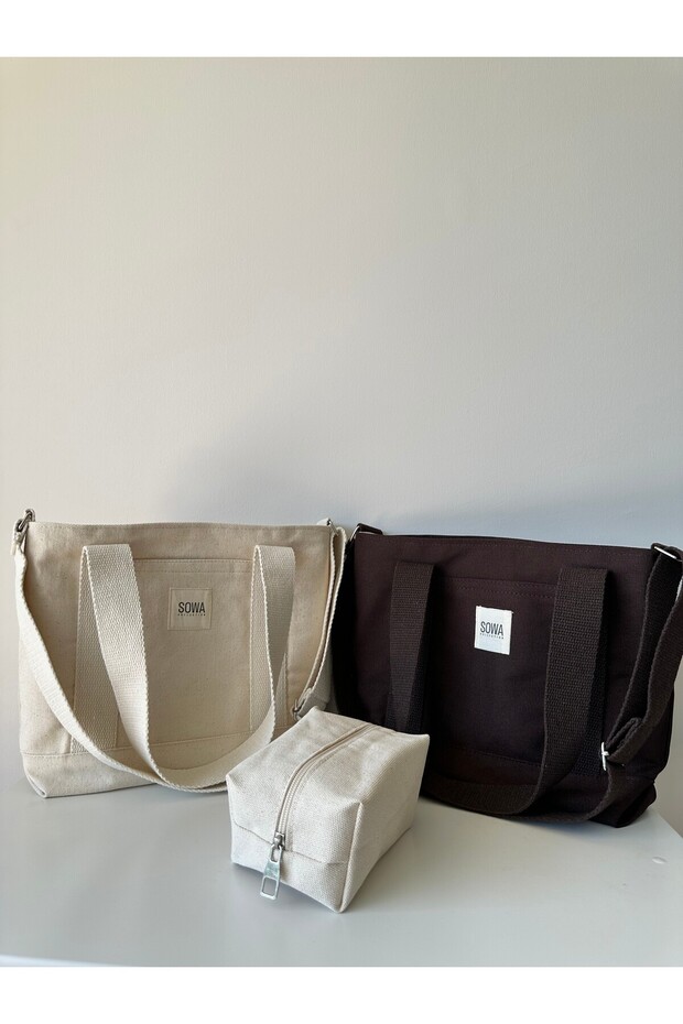 Sowa Collection 3lü Set Çıt Çıtlı Astarlı Kanvas Kadın El ve Omuz Çantası Makyaj Çantası