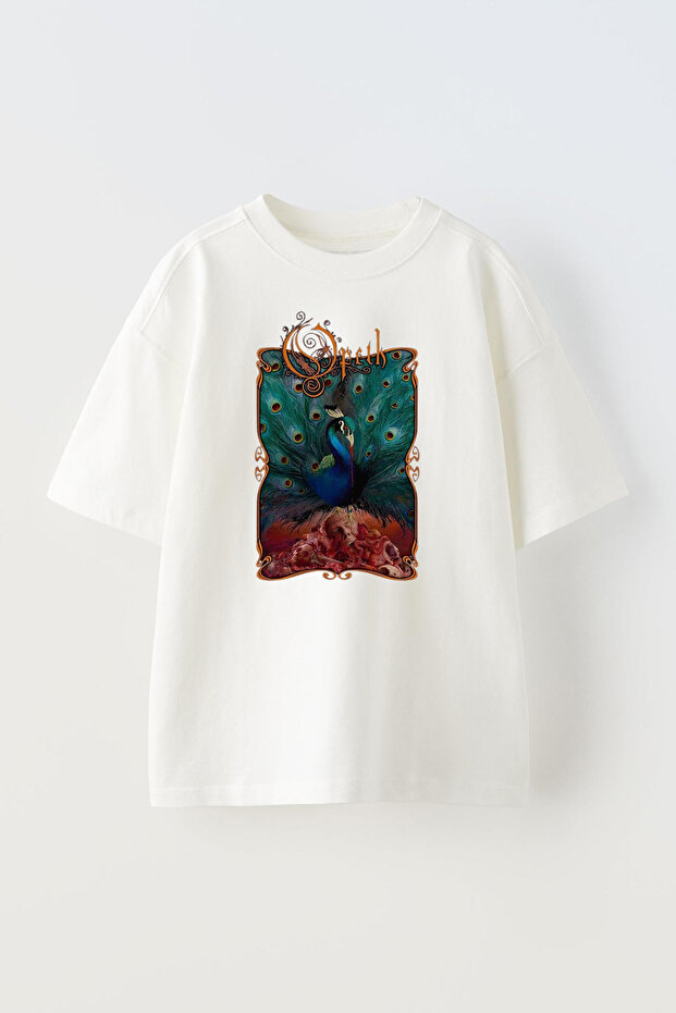 Unisex White Oversize Cotton Opeth Peacock Printed Knitted T-Shirt