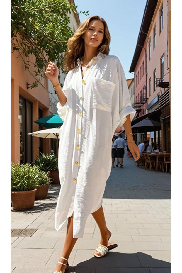 Women's Ecru Oversize Bat Sleeve Suitable for Hijab Shirt Dress Linen Blended White Tunic 3282420