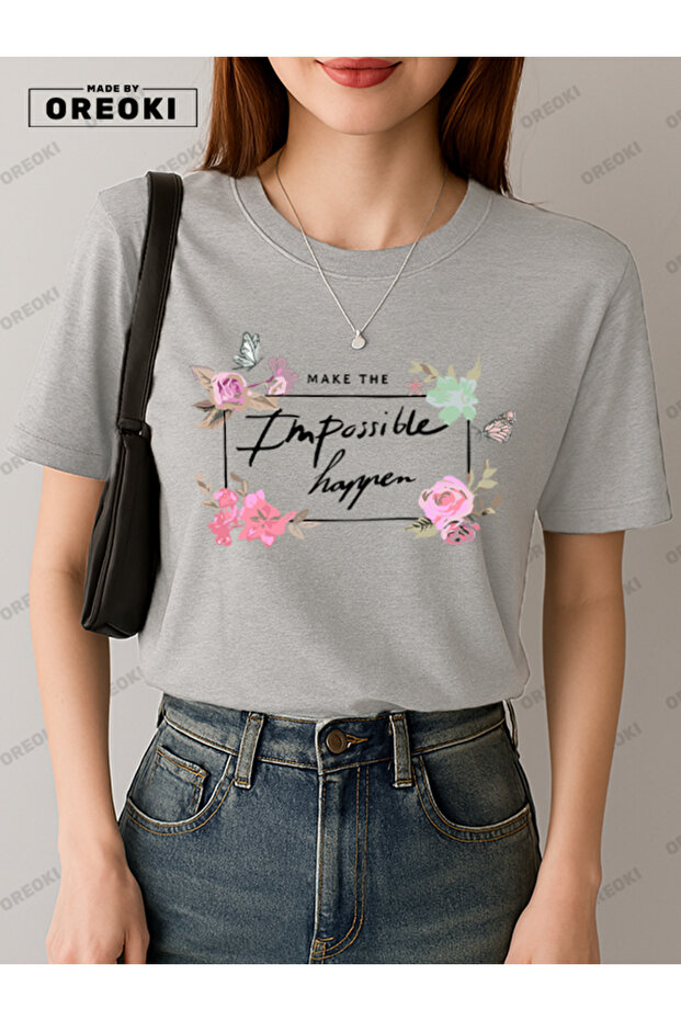 The Impossible Comes True Printed Cotton Fabric Girl Gray T-Shirt