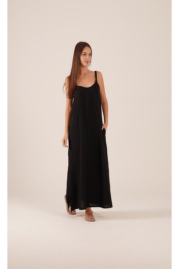 Yazlık Premium Kloş Kalıp, Yandan Yırtmaçlı ve Cepli Midi Boy Ayrobin, İp Askılı Elbise - 3
