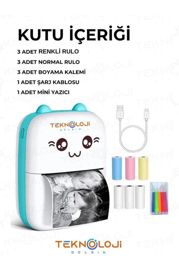 Mini Cep Yazıcı Taşınabilir Bluetooth Kablosuz Şarjlı 6 Rulo 3 Kalem Seti Mavi Yazıcı - 3