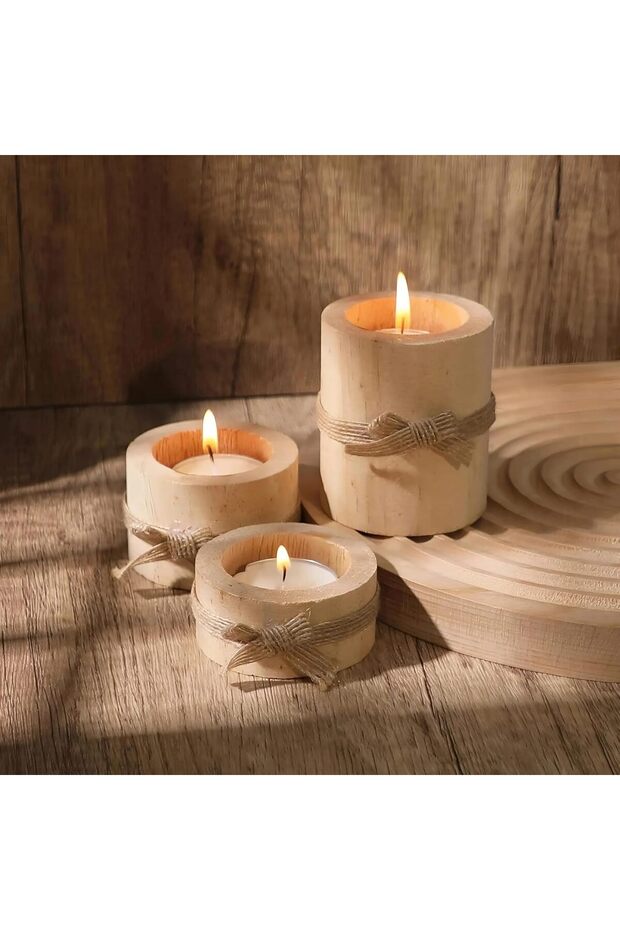 3 Piece Rustic Wooden Tea Light Cylindrical Candlestick Holders with Bowknot for Home Decoration