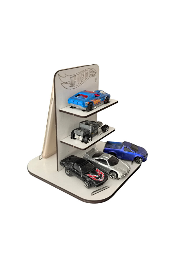 Phone Holder and 5Pcs Toy Car Rack Exhibition Stand, 2 in 1 Decorative Tabletop Organizer