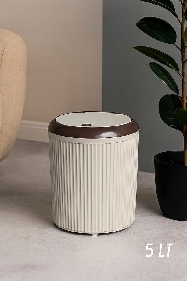 Çizgili Click Kapak Yuvarlak Çöp Kovası 5 Litre Banyo Mutfak Çöp Kutusu - 1