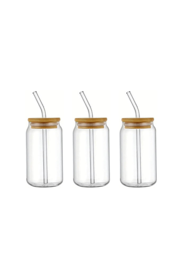 3pcs Glass Mason Jars,Drinking Glass with Bamboo Lids and Glass Straw- Glass Tumbler,500ml