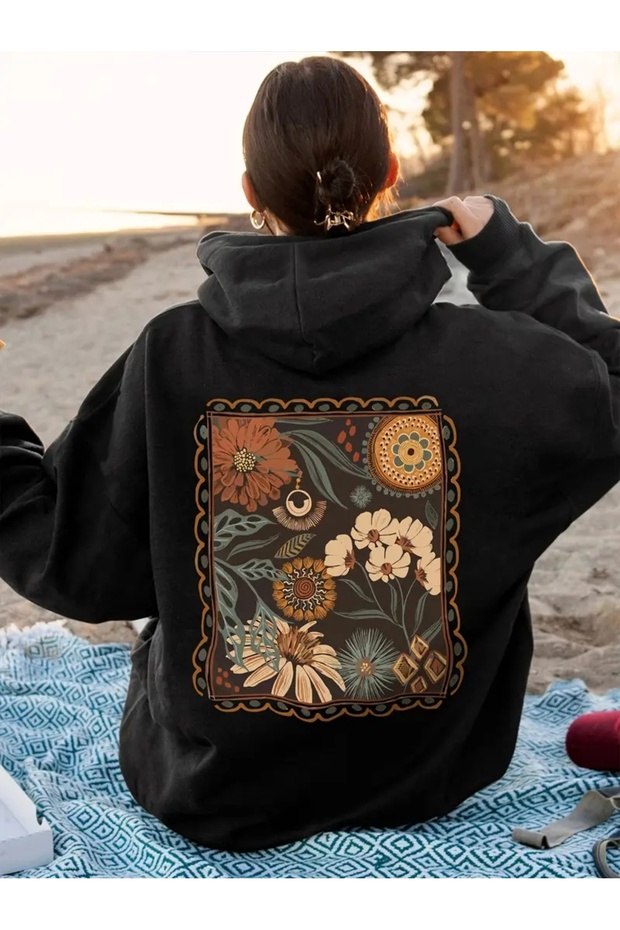 سويت شيرت كبير الحجم مطبوع بتفاصيل نمط الزهرة - 1