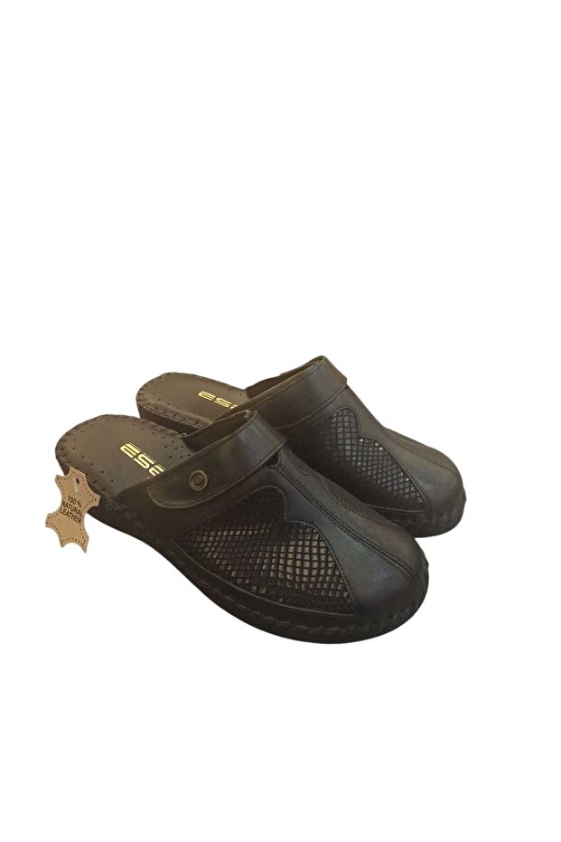 3523 Black Genuine Leather Women's Sabo Slippers
