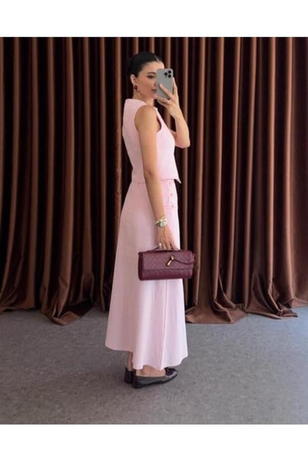 Pembe Brit Detaylı Yelek Etek Takım - 8749 - 4