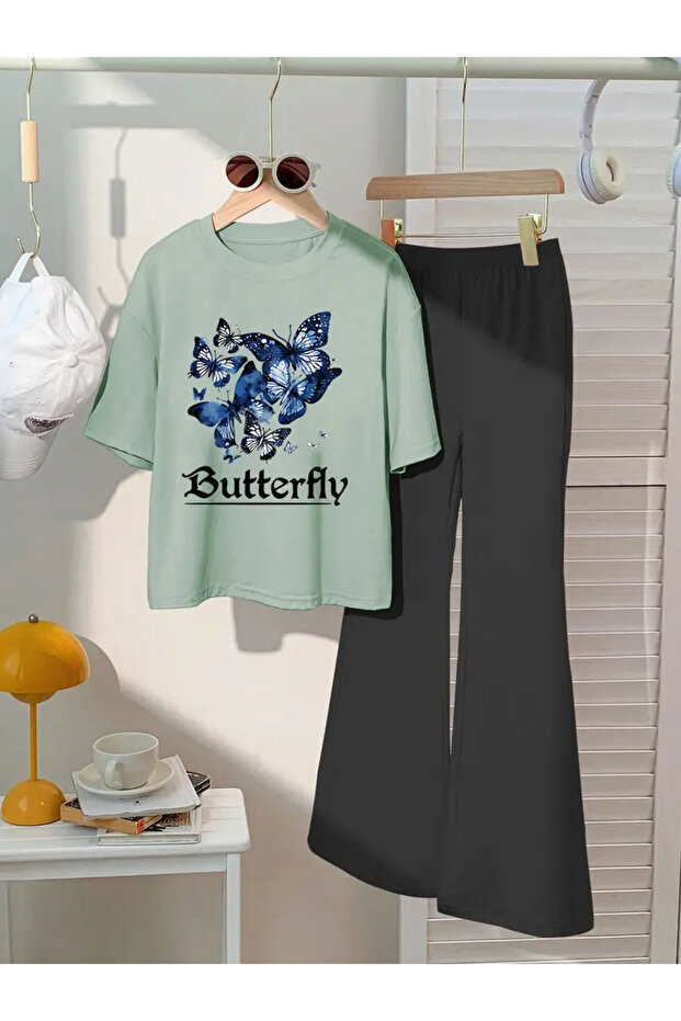Children's Blue Butterflies Printed T-Shirt Spanish Leg Tracksuit Set