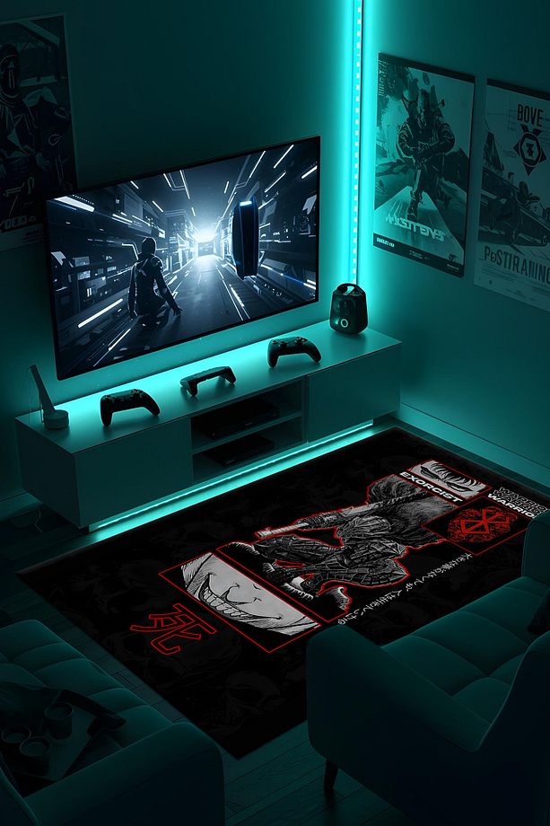 Desenli Anime & Gamer Halısı Kaymaz Taban Makinede Yıkanabilir Genç Odası Halısı - 4