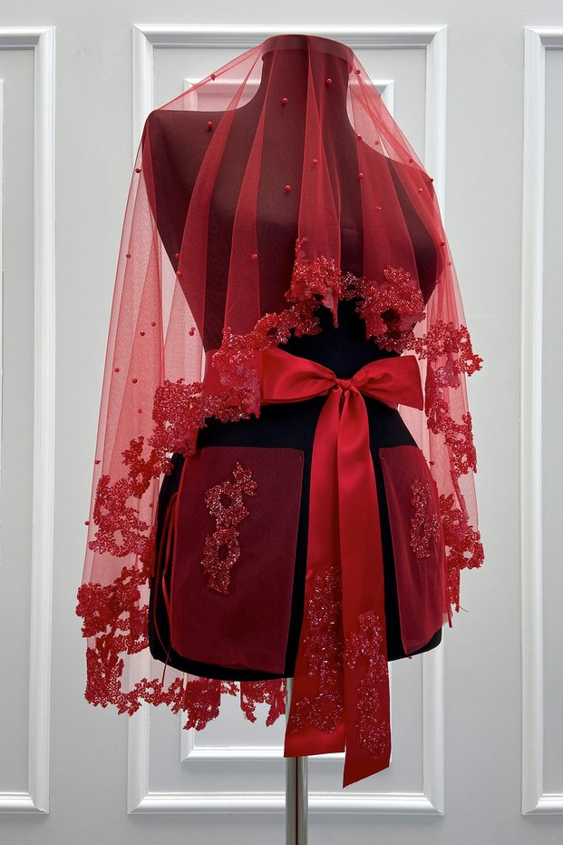 Red Bridal Veil Set with Glass Beads and Pearls, Henna Night Veil Face Cover Set 6 Pieces