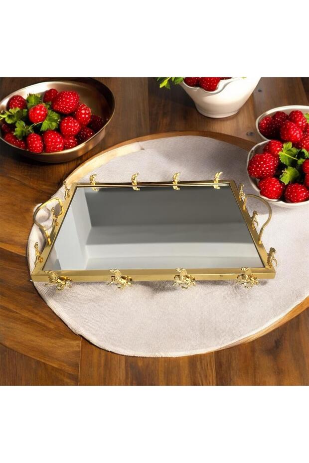 Metal Horse Detailed Mirrored Rectangular Tray Gold