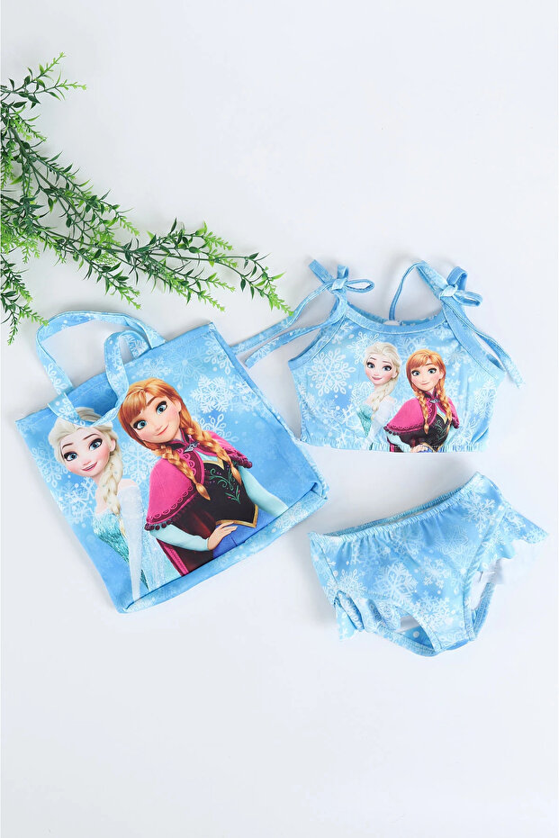 Girl's Strap Ruffle Bag Character Patterned Swimsuit Bikini 3 Pieces
