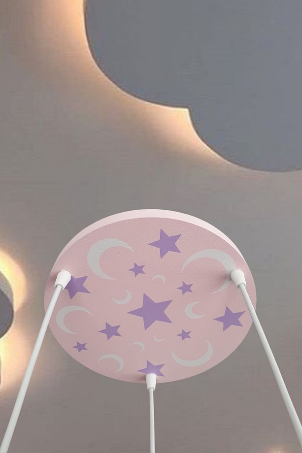 Renkli Kız Çocuk Odası Avize Seti, Balon ve Yıldız Tasarımı, 3'lü Sarkıt, Beyaz, Pembe, Mor - 3