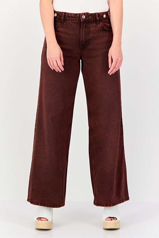 Women Regular Fit Plain Non Stretchable Wide Leg Jeans, Maroon