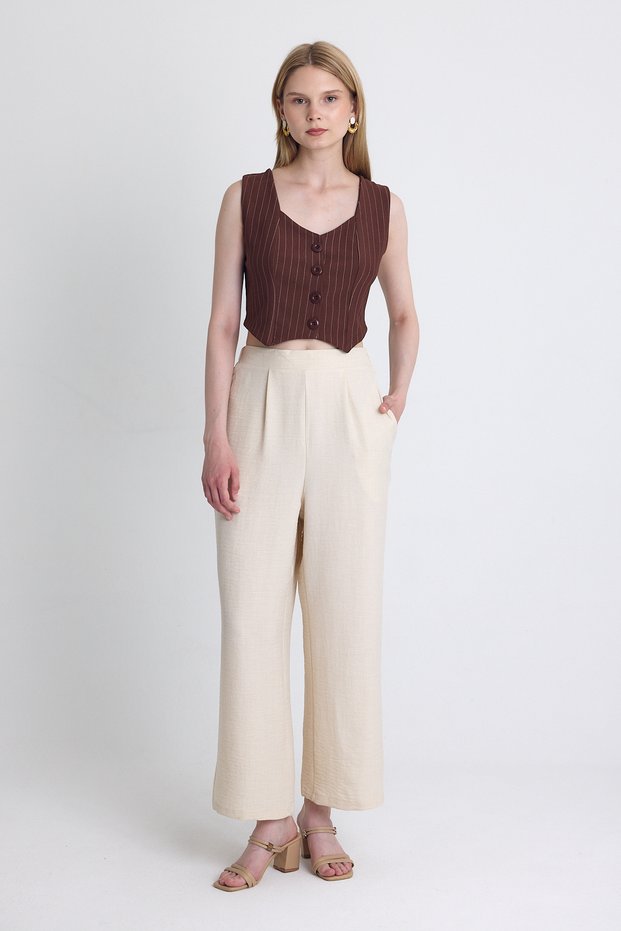 Beige High Waist Front Pleat Detail Cotton Wide Leg Pants 8014A