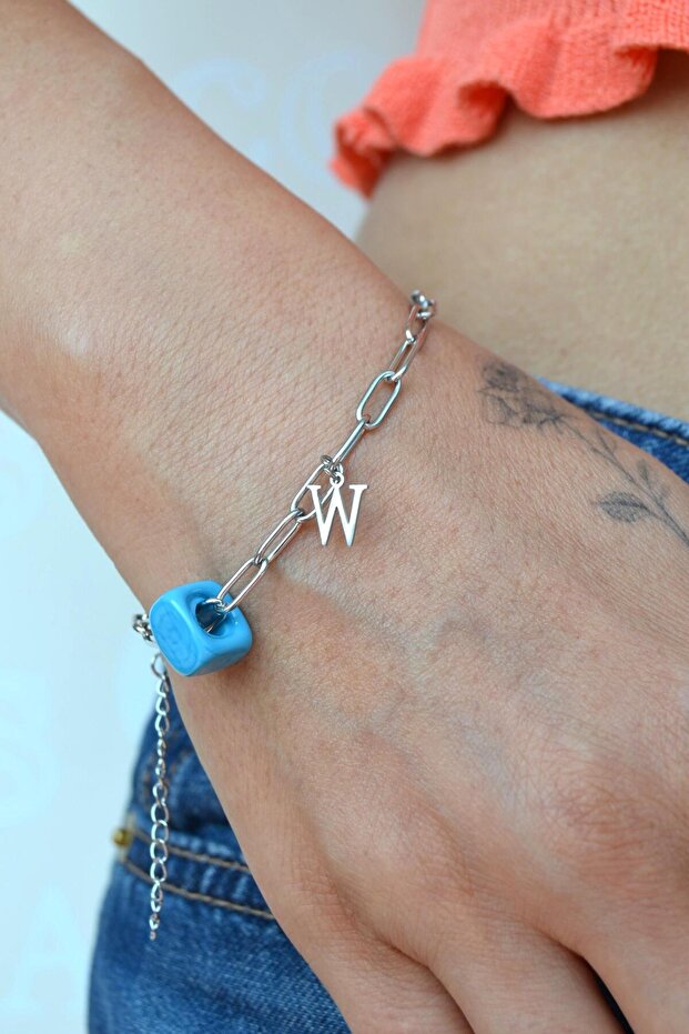 Blue Beaded Letter Steel Bracelet