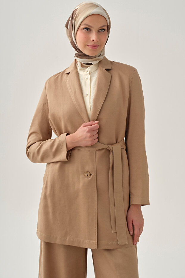 Kuşaklı Blazer Ceket - Bej - 4