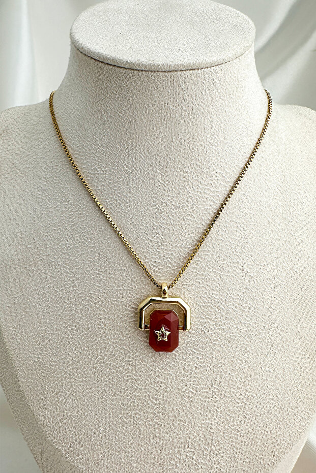 Steel Gold Color Black Geometric Eye Detailed Stone Necklace (40cm)
