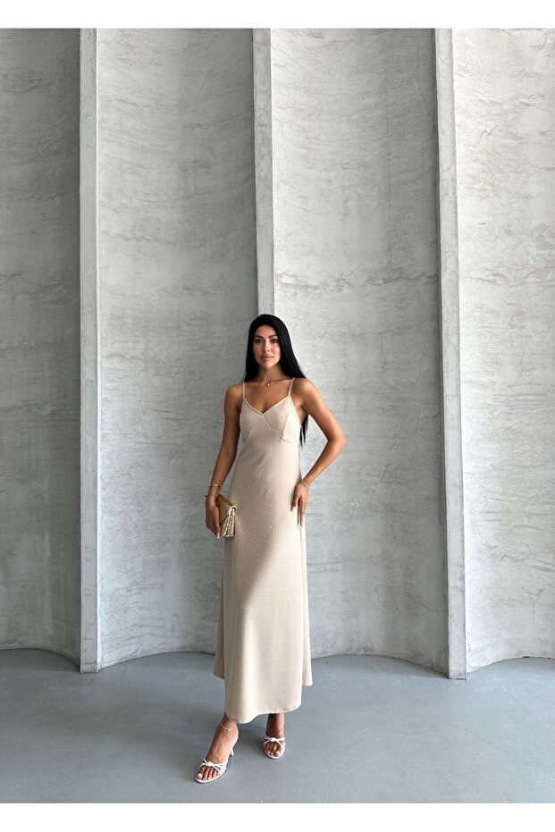 Beige Lightweight Flowy Summer Long Dress with Adjustable Straps and Stone Detail and Elastic Back - 148