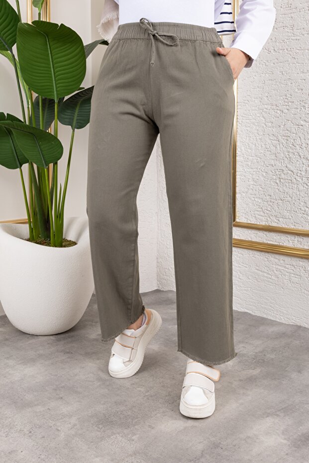 Elastic Waist Linen Trousers - Khaki / A0104
