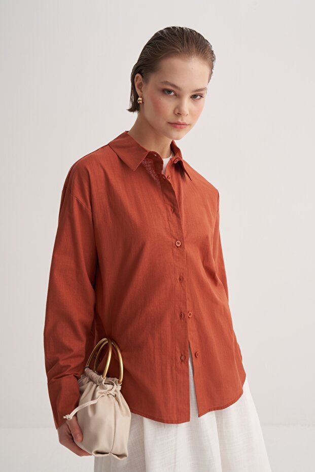 Kadın Organik Pamuklu Basic Gömlek Kiremit - 2