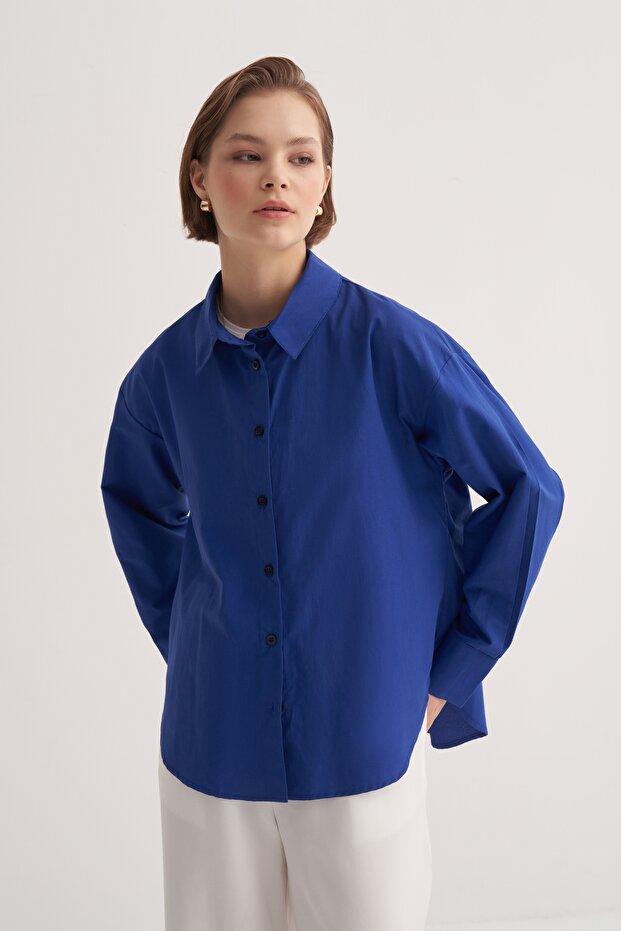 Kadın Poplin Basic Gömlek Saks - 2