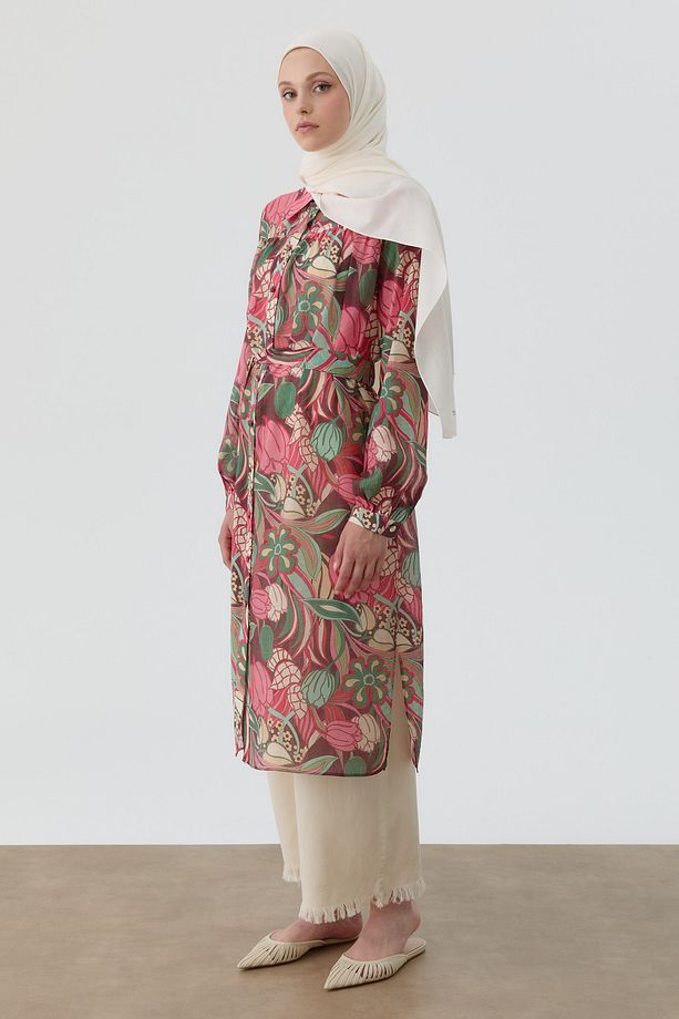 Robalı Çiçek Desenli Tunik - Pembe - 4