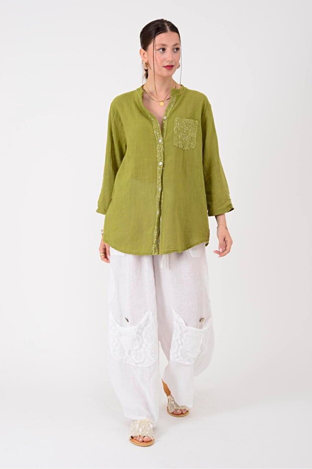 22046 Sequin Embroidered Pocket Detail Shirt