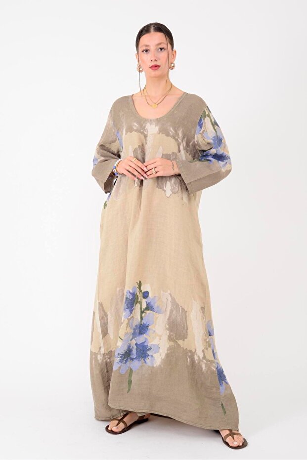 E20471 SPRING SPLASH ÇİÇEK DESEN KETEN ELBİSE - 4