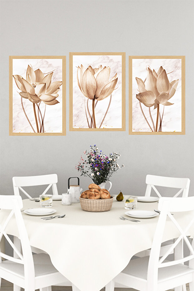 🌸 Zarafetin Yeni Yüzü: Sepya Lotus Çiçekleri Temalı 3’lü Çerçeve Görünümlü Tablo Seti 🌸 CRVS1147 - 5
