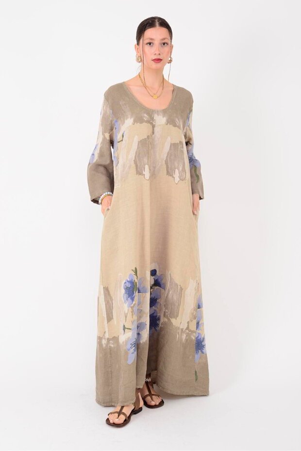 E20471 SPRING SPLASH ÇİÇEK DESEN KETEN ELBİSE - 2