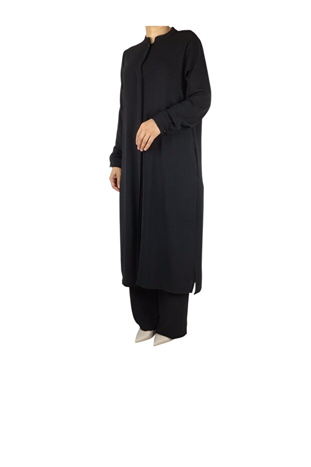 Women's Judge Collar Tunic with Hidden Buttons on the Front and Hidden Pockets on the Sides with Pants with Elastic Waist
