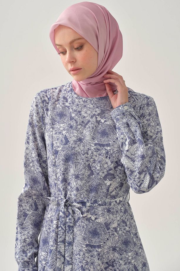 Multi Çiçek Desenli Elbise - İndigo - 4