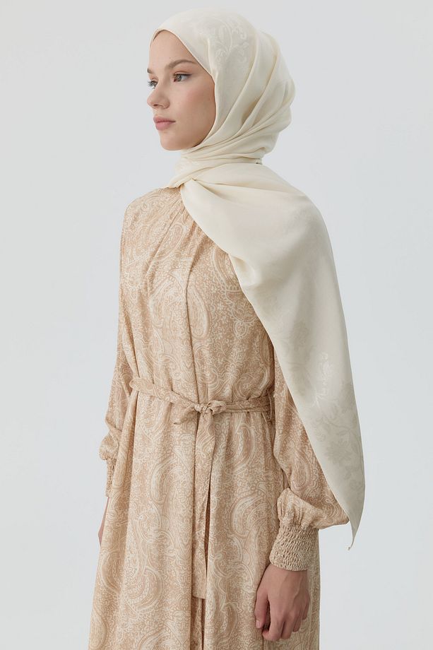 Şal Desenli Kuşaklı Elbise - Bej - 3