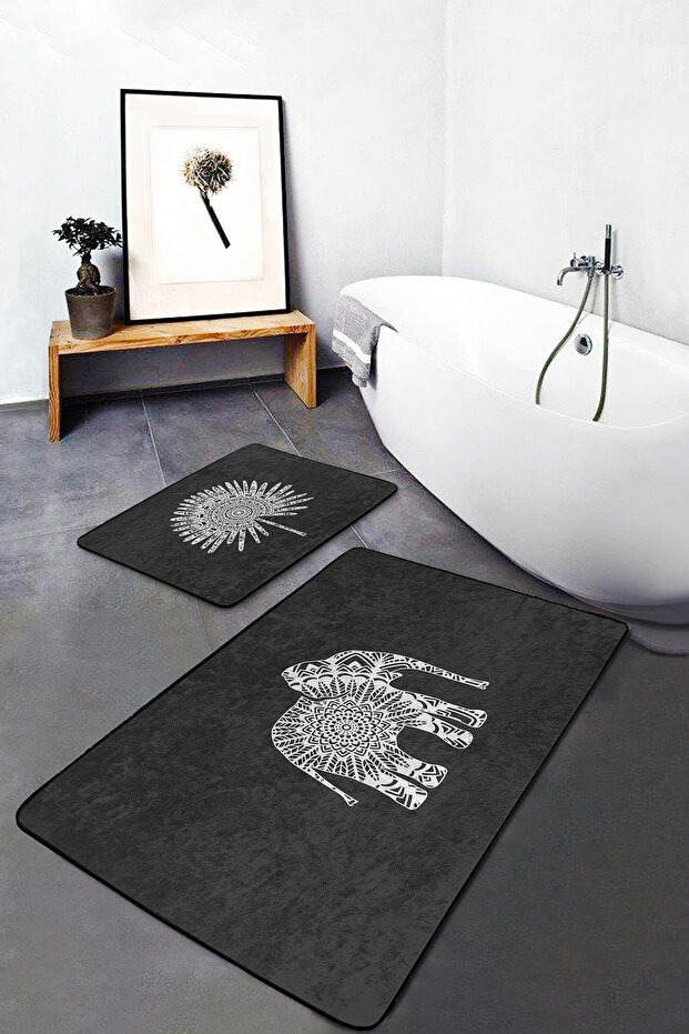 Black and White 2-Piece Non-Slip Base Washable Bath Mat Set with Elephant and Daisy Motifs