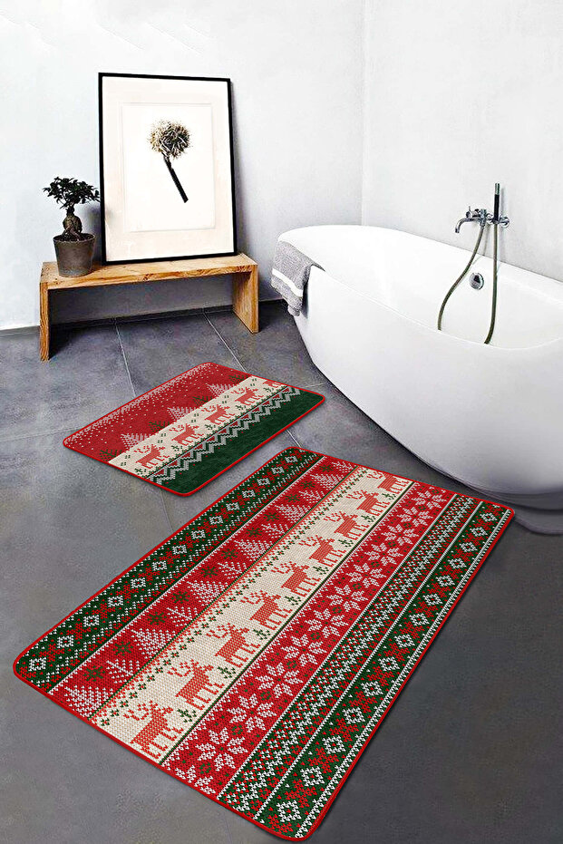 Red and White Christmas Deer Patterned 2-Piece Non-Slip Base Washable Bath Mat Set