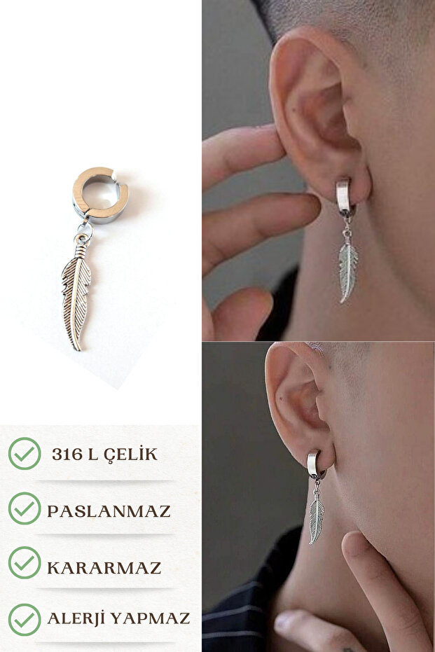Compression Holeless Trend Feather Leaf Model Dangle Men's Steel Gray Earrings 1 Piece