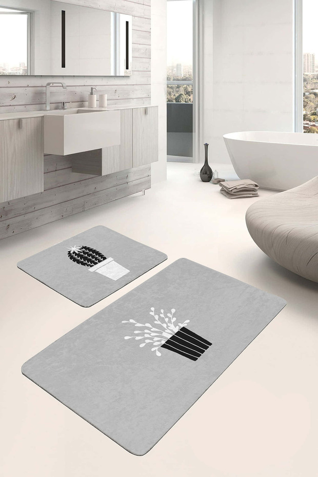 Set of 2 Non-Slip Base Washable Bath Mats with Flower Pot and Cactus Pattern on Gray Background