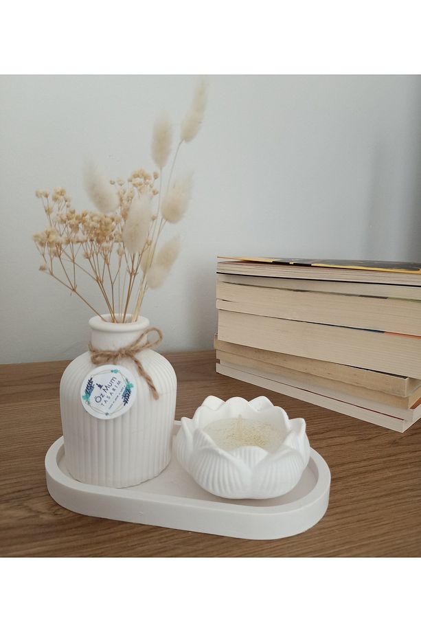 El Yapımı Taş Tozu Vazo, Mumluk ve Oval Tepsi Dekoratif Set - 4
