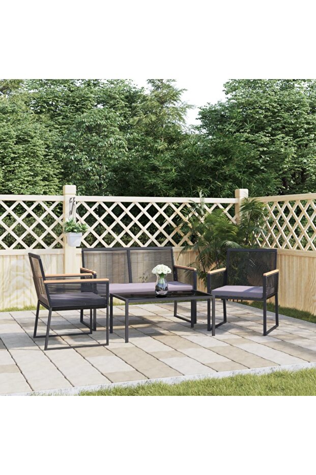 4 Piece Garden Lounge Set with Cushions Black Steel
