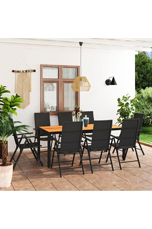 9 Piece Garden Dining Set Black and Brown